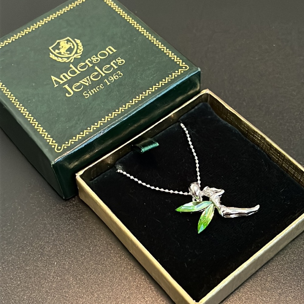 Tinkerbell necklace — charm with green crystal wings on silver tone ball chain